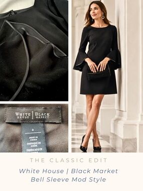 White House Black Market | Bell Sleeve Black Dress | Mod Inspired | Fully Lined